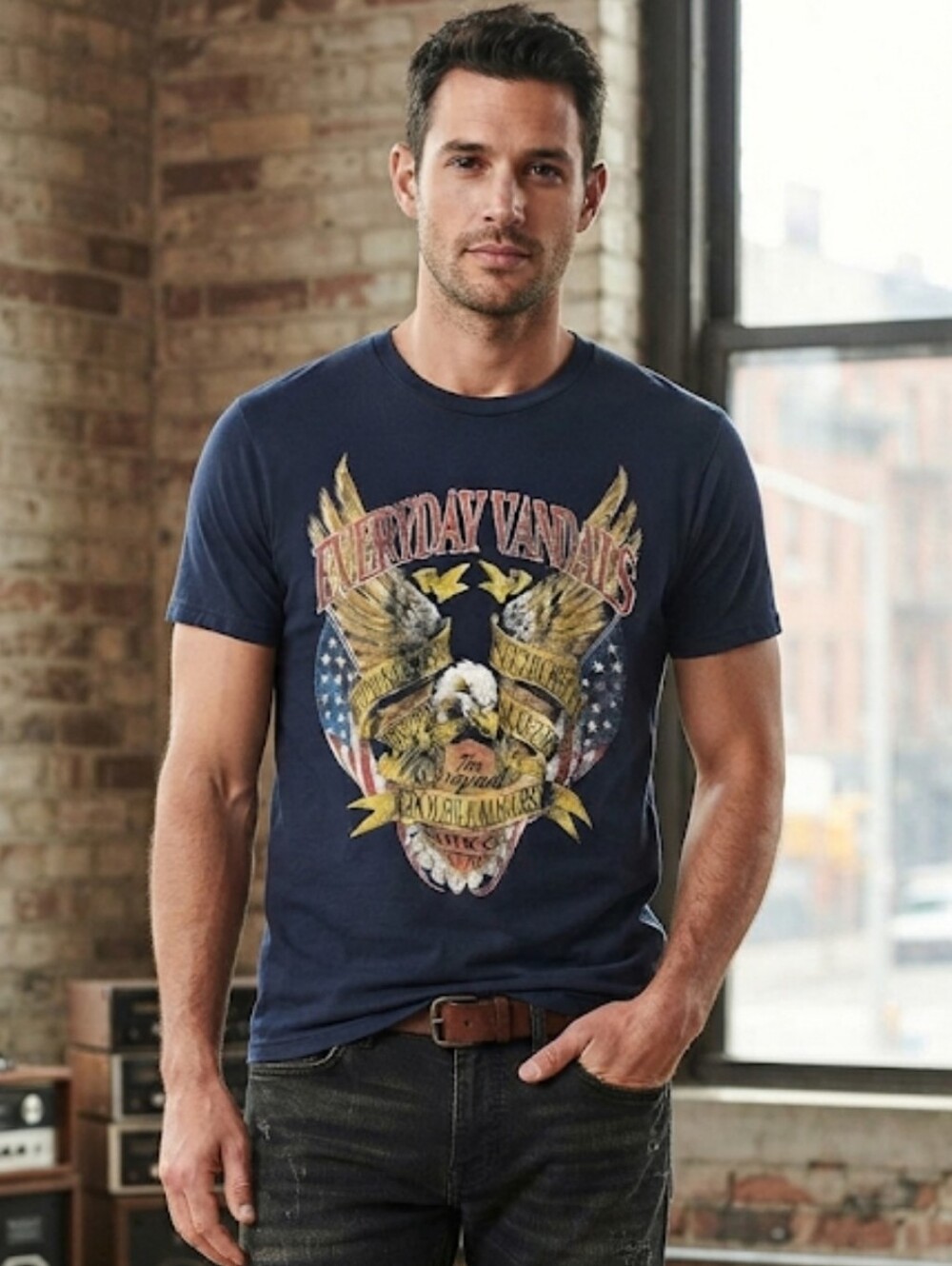 Everyday Vandals Trouble Maker Biker Americana Eagle Graphic Tee Blue M